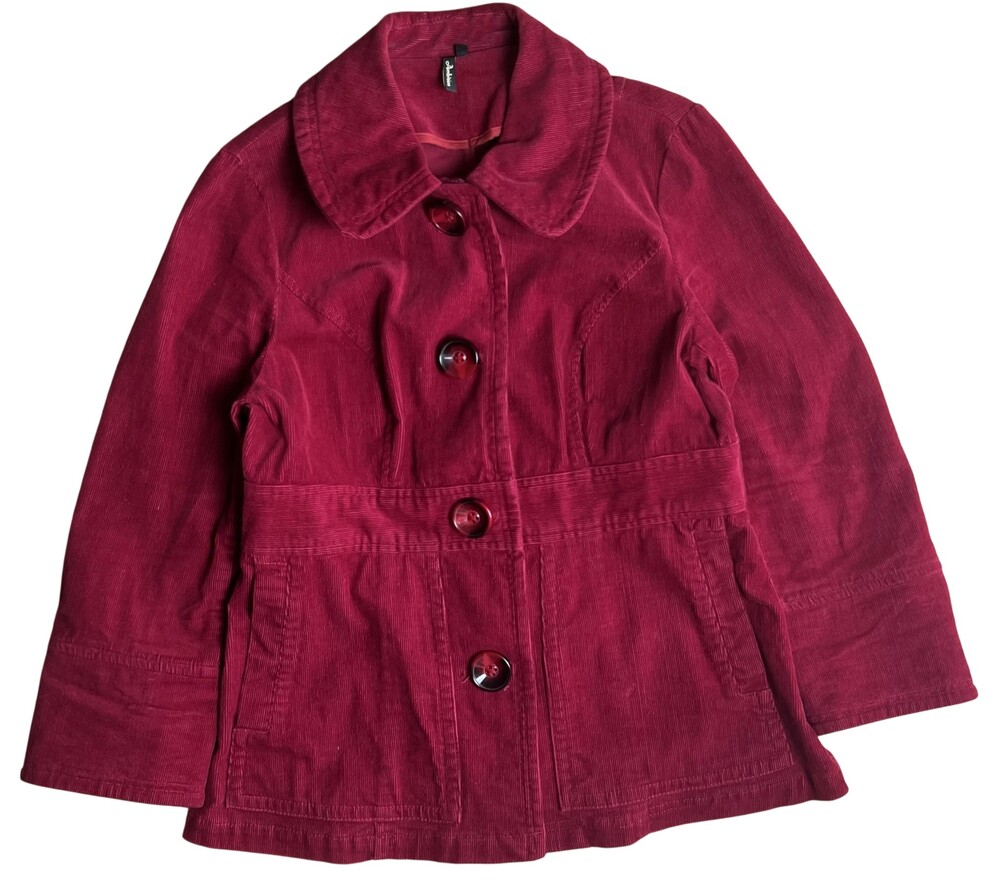 Y2K Ambition Jacket Womens L Red Corduroy Belted Collared Stretch Pockets Button